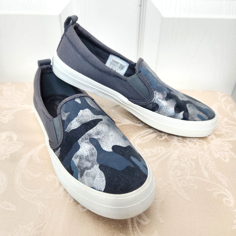 Sperry Twin Gore Metallic Blue Grey Camo Print Boat Slip On Shoe Sneaker Size 9